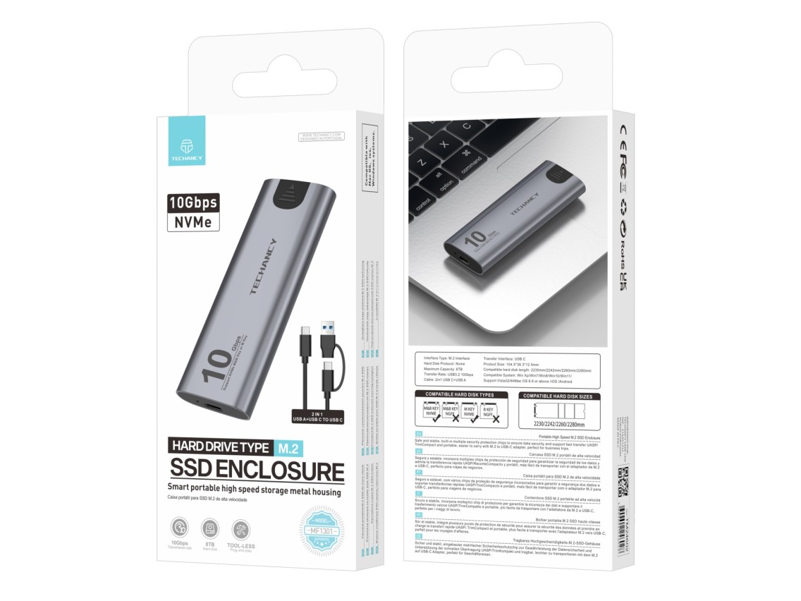 Techancy High-Speed Portable M.2 NVMe SSD Enclosure MF1301 Gray, 10Gbps with USB-C, Compatible and E