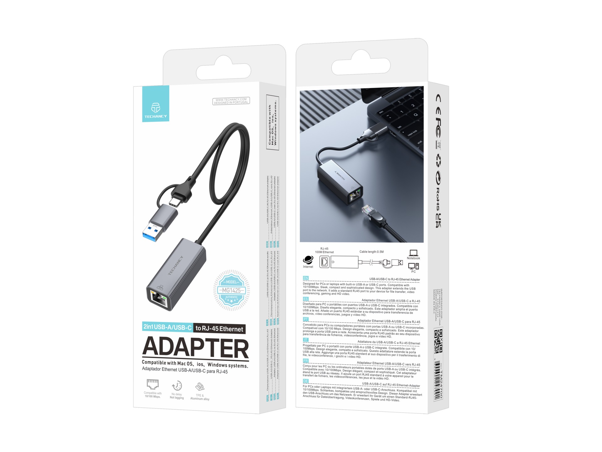 Adaptador Ethernet Techancy USB-A/USB-C a RJ-45 MG1425, compatible con sistemas Mac OS, iOS y Window