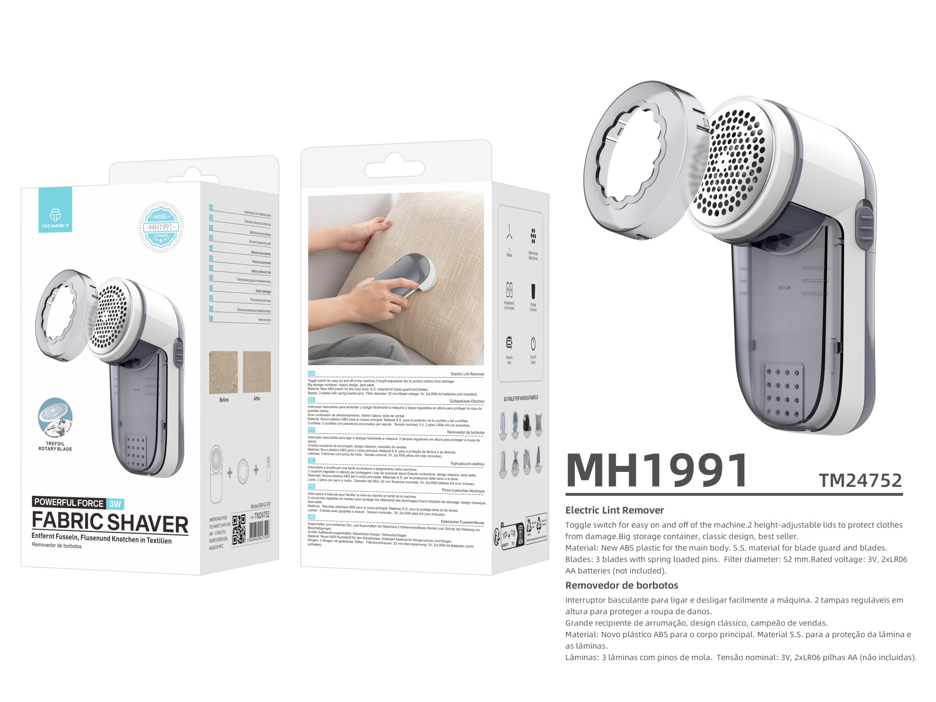 Techancy Removedor de Borbotos Elétrico Cinza MH1991, 3 Ajustes de Altura, Duas Velocidades, Ideal