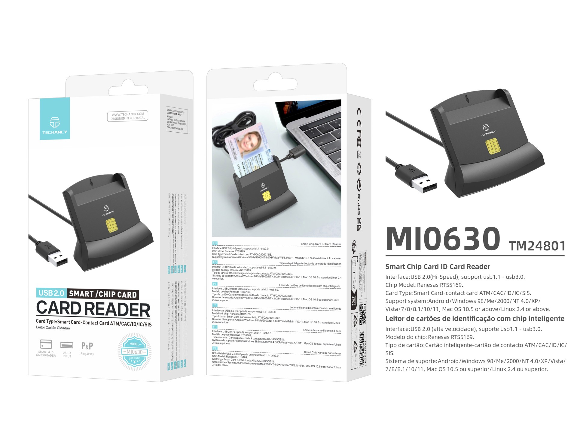 Techancy Leitor de cartão inteligente MI0630, interface USB 2.0, suporta vários tipos de cartões, co