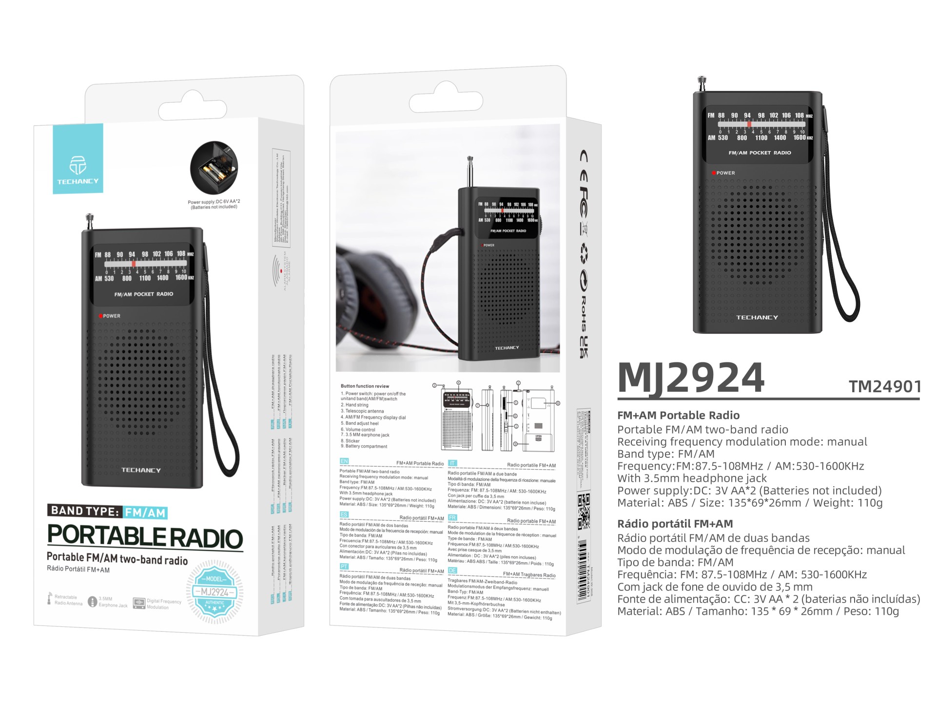 Techancy MJ2924 Radio portatil FM AM com sintonia manual entrada fone 3.5mm pilhas AA*2 nao incluida