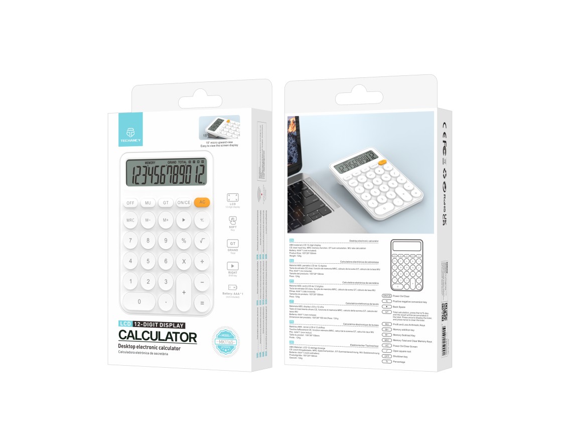 Techancy MK1165 LCD 12-digit desktop calculator with MRC GT MU functions and clear CE key, White