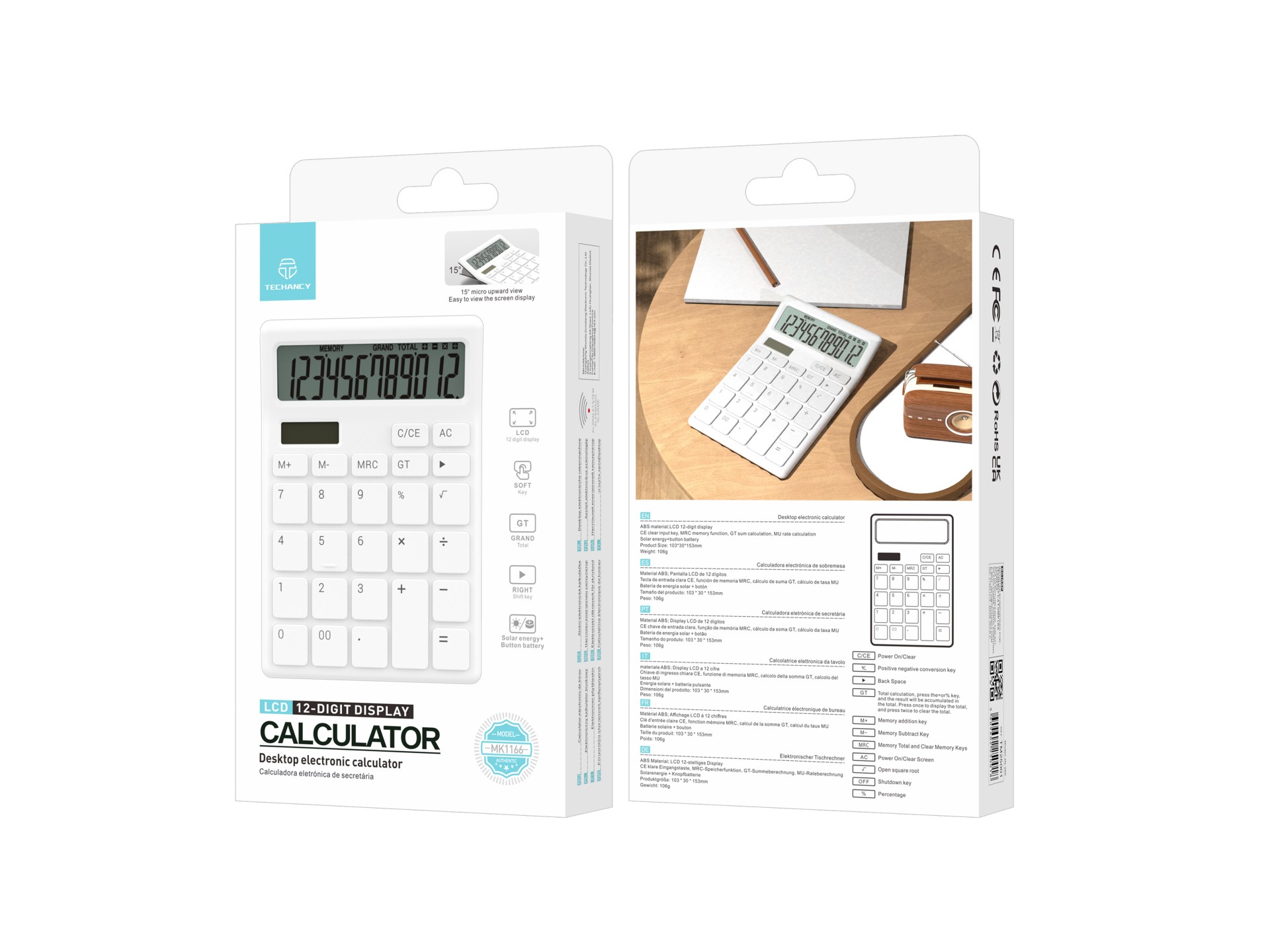Techancy Calculadora de Mesa MK1166 12 Dígitos Dupla Energia Função GT/MU ABS TM25001 Branco