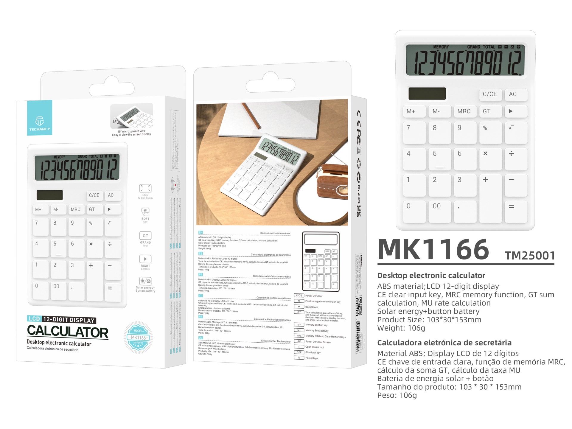 Techancy Calculadora de Mesa MK1166 12 Dígitos Dupla Energia Função GT/MU ABS TM25001 Branco