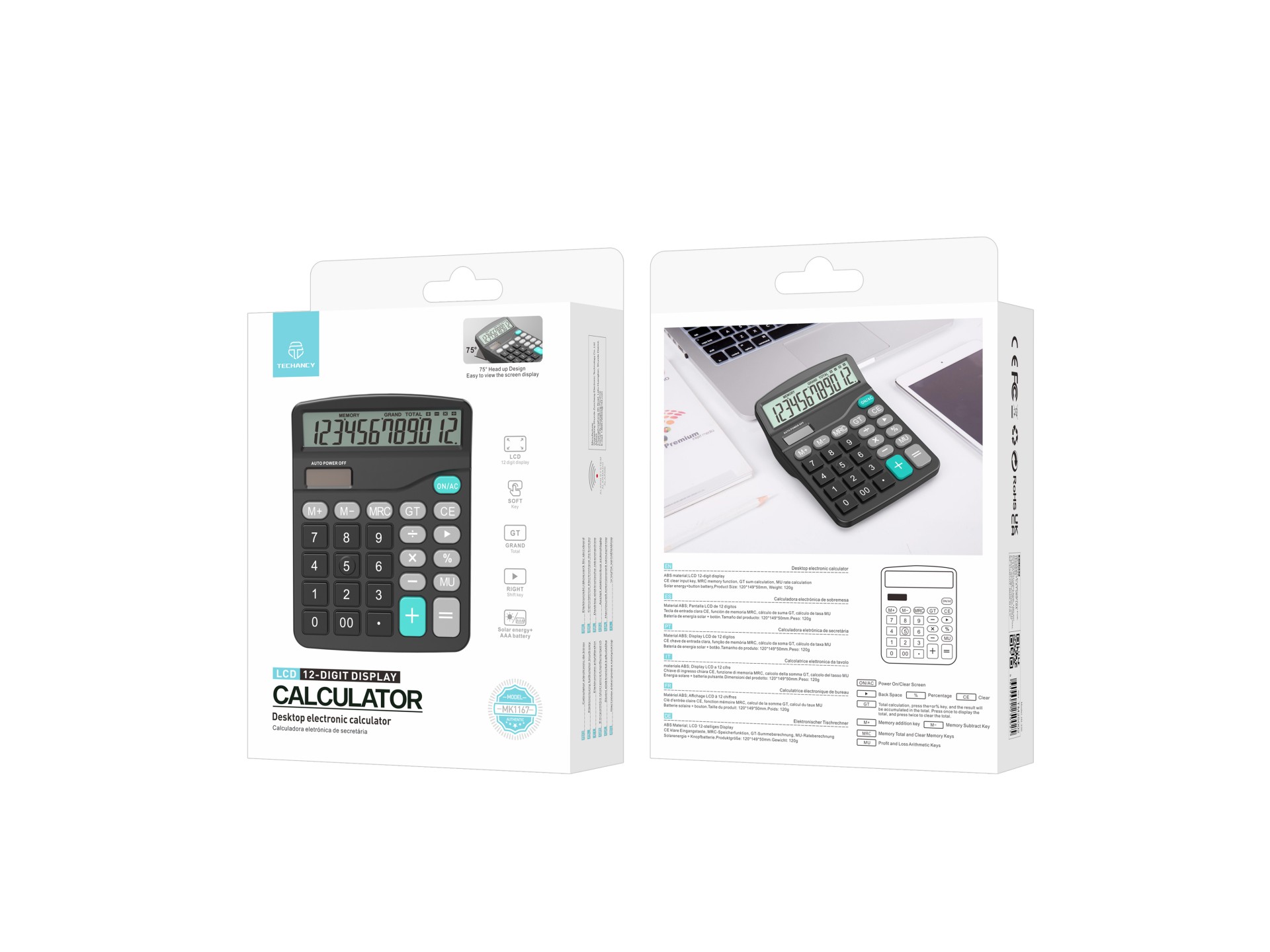 Techancy Calculadora de Mesa MK1167 12 Dígitos Dupla Energia Função GT/MU ABS TM25002 Preto