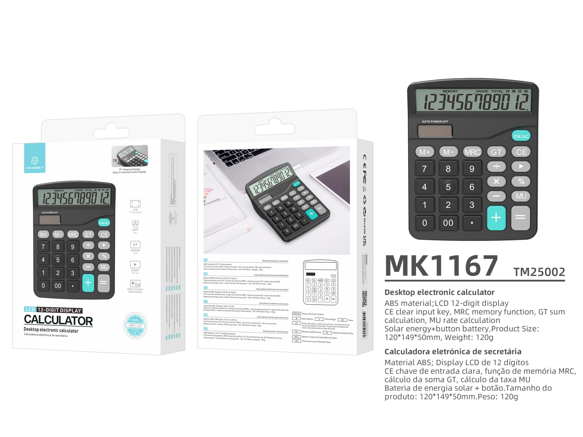 Techancy Calculadora de Mesa MK1167 12 Dígitos Dupla Energia Função GT/MU ABS TM25002 Preto
