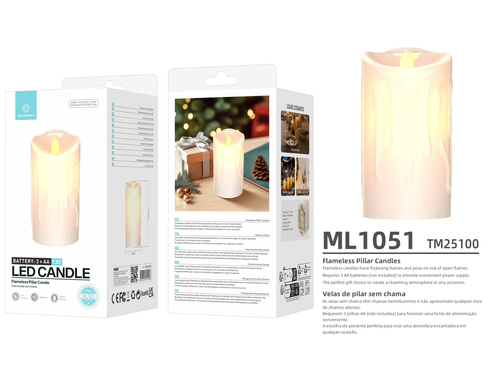 Techancy Vela LED ML1051 Sem Chama Pilar Realista Chama Tremeluzente Decoracao Natal Casamento Festa