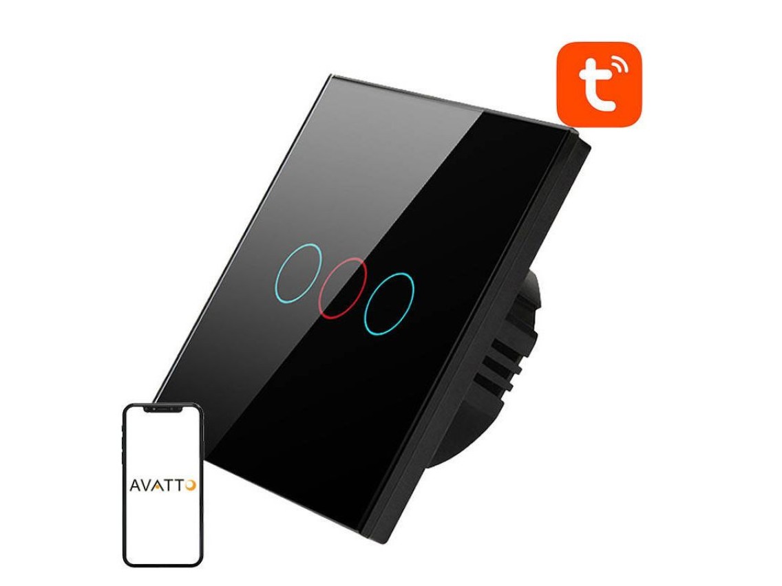 Interruptor de luz inteligente WiFi Avatto TS02-EU-B3 3 vias TUYA (preto)