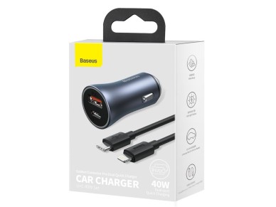 Baseus car charger Golden Contactor Pro 1x USB 1x USB-C QC 40W black + cable Lightning - USB-C Baseus car charger Golden Contactor Pro 1x USB 1x USB-C QC 40W black + cable Lightning - USB-C