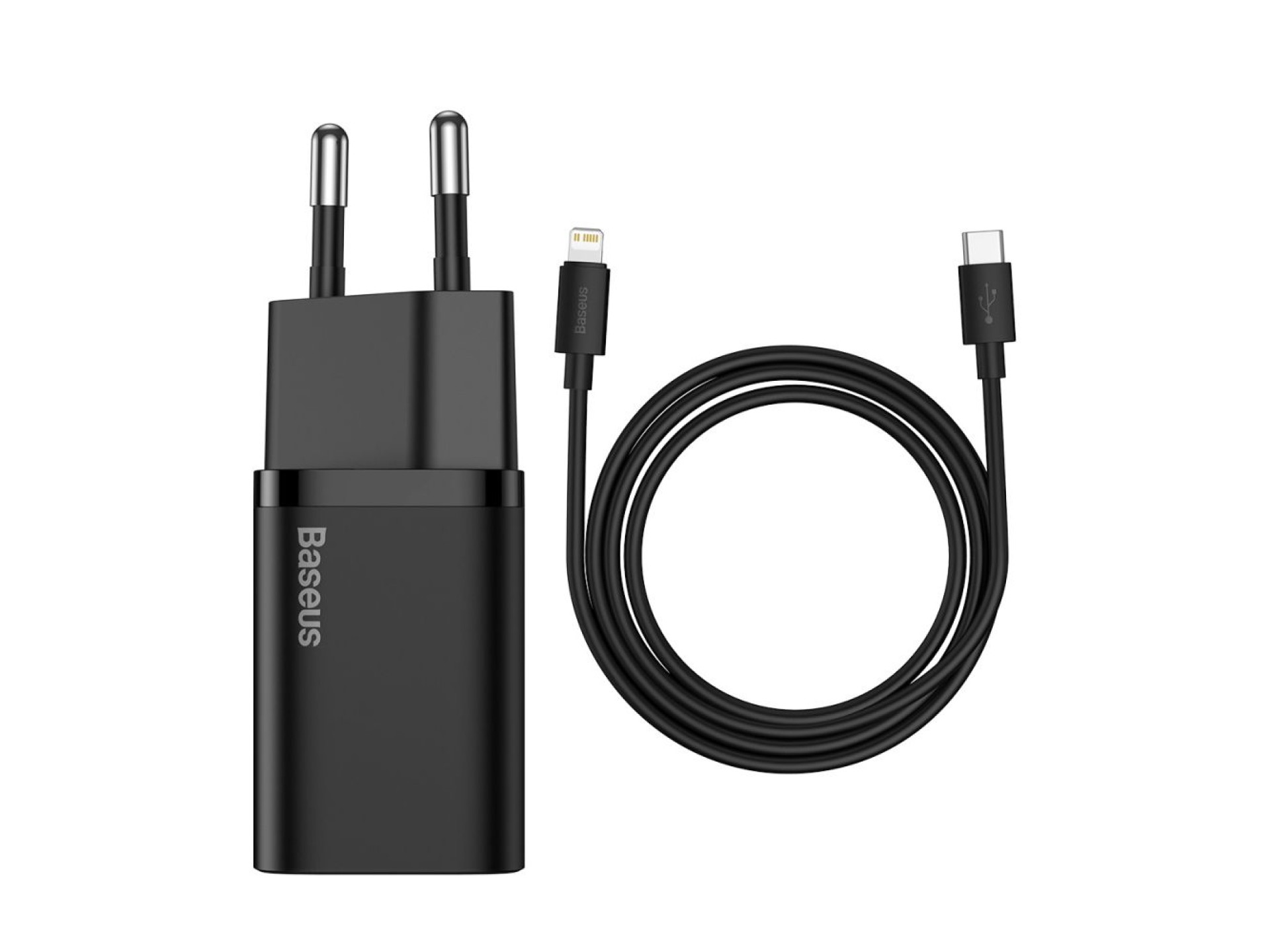 Carregador de parede Baseus Super Si PD 20W 1x USB-C preto + USB-C - Cabo Lightning