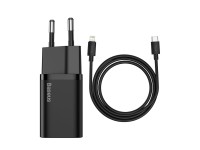 Carregador de parede Baseus Super Si PD 20W 1x USB-C preto + USB-C - Cabo Lightning Carregador de parede Baseus Super Si PD 20W 1x USB-C preto + USB-C - Cabo Lightning
