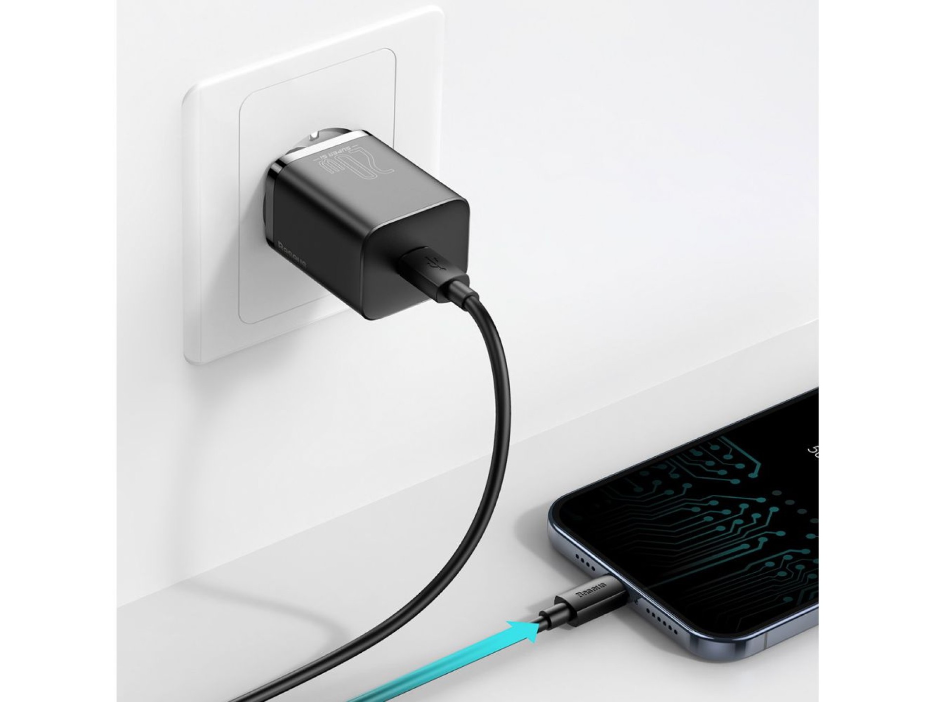Carregador de parede Baseus Super Si PD 20W 1x USB-C preto + USB-C - Cabo Lightning