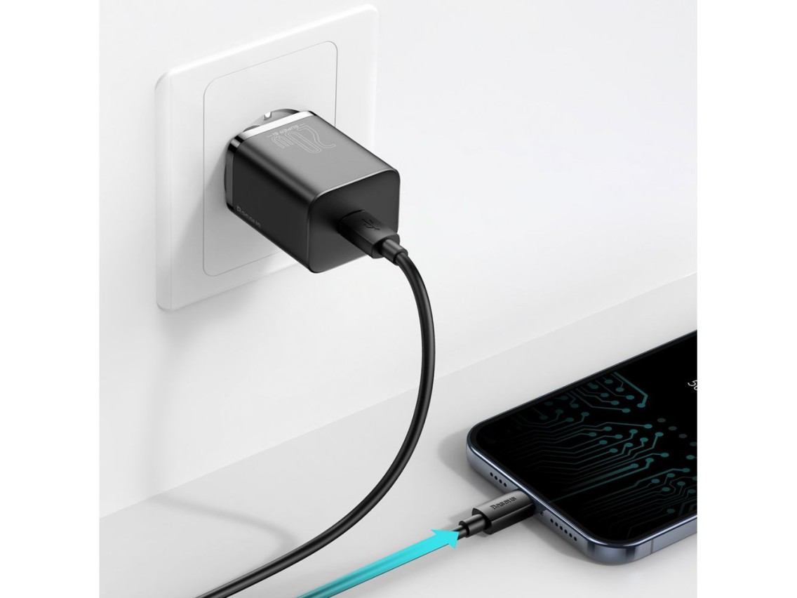 Carregador de parede Baseus Super Si PD 20W 1x USB-C preto + USB-C - Cabo Lightning