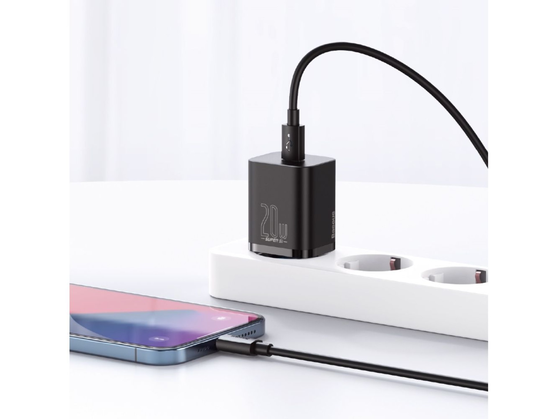 Carregador de parede Baseus Super Si PD 20W 1x USB-C preto + USB-C - Cabo Lightning