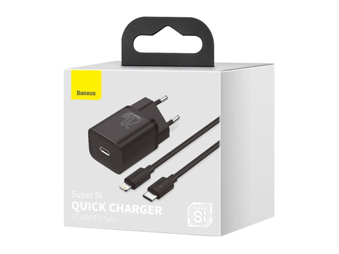 Carregador de parede Baseus Super Si PD 20W 1x USB-C preto + USB-C - Cabo Lightning