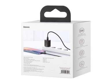 Carregador de parede Baseus Super Si PD 20W 1x USB-C preto + USB-C - Cabo Lightning