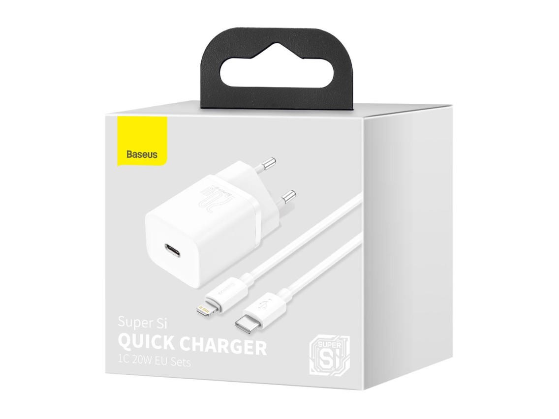 Cargador de pared Baseus Super Si PD 20W 1x USB-C blanco + cable USB-C - Lightning