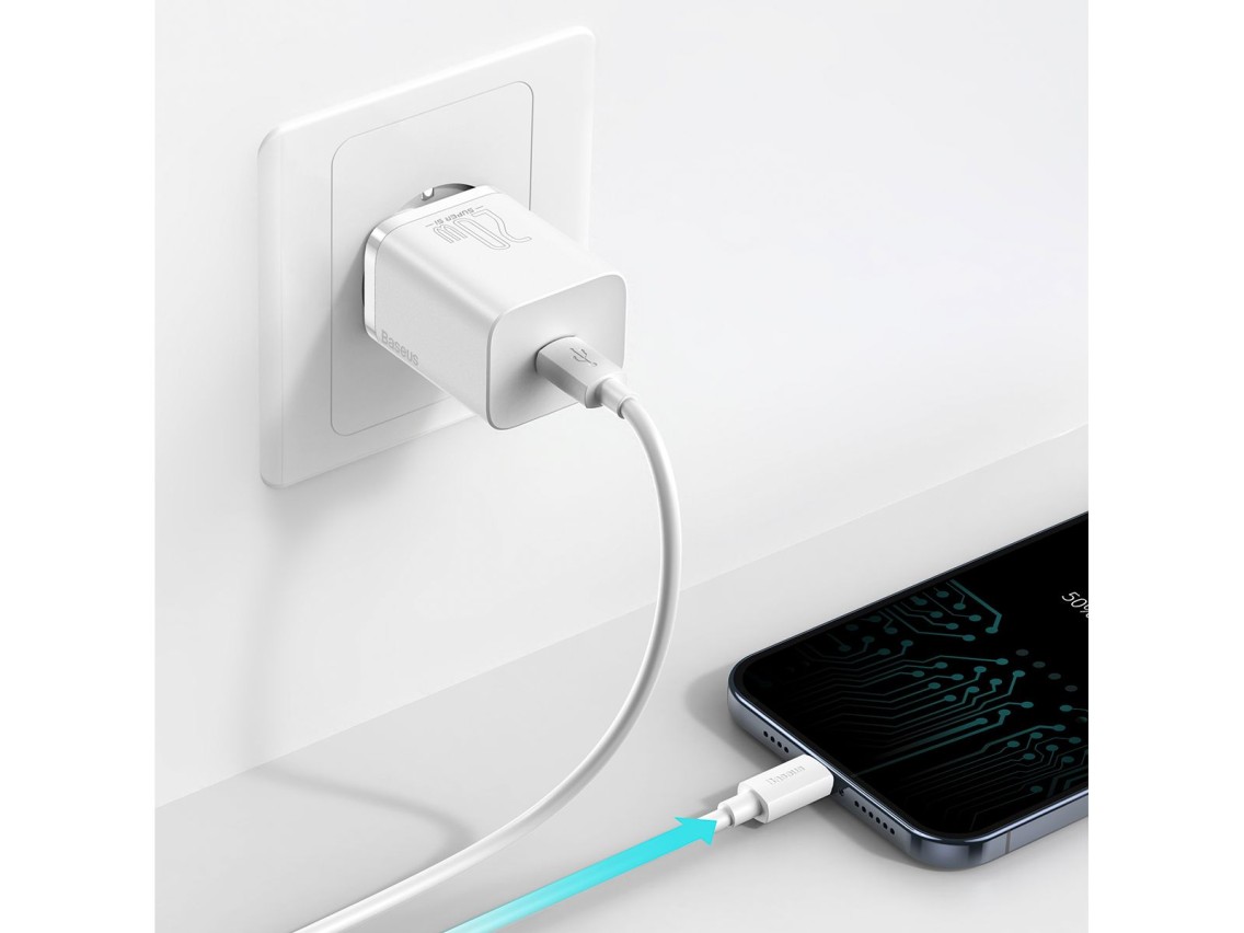 Cargador de pared Baseus Super Si PD 20W 1x USB-C blanco + cable USB-C - Lightning