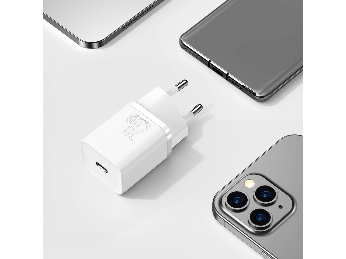 Cargador de pared Baseus Super Si PD 20W 1x USB-C blanco + cable USB-C - Lightning