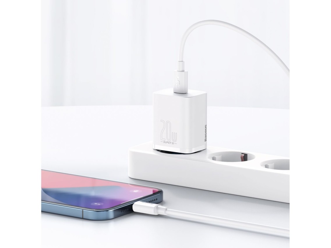 Cargador de pared Baseus Super Si PD 20W 1x USB-C blanco + cable USB-C - Lightning