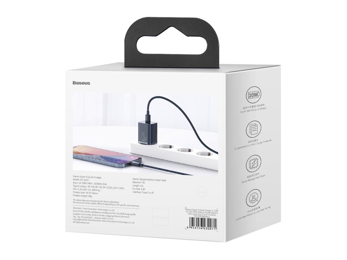 Baseus wall charger Super Si PD 20W 1x USB-C blue + USB-C - Lightning cable