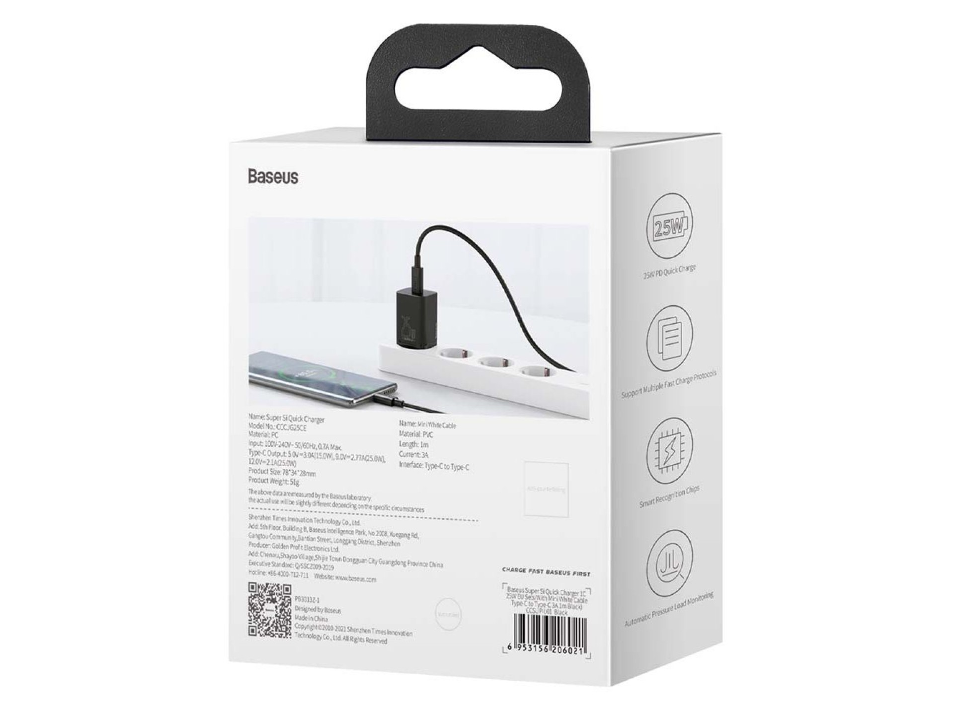 Carregador de parede Baseus Super Si PD 25W 1x USB-C preto + USB-C - cabo USB-C