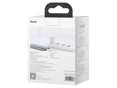 Cargador de pared Baseus Super Si PD 25W 1x USB-C blanco + cable USB-C
