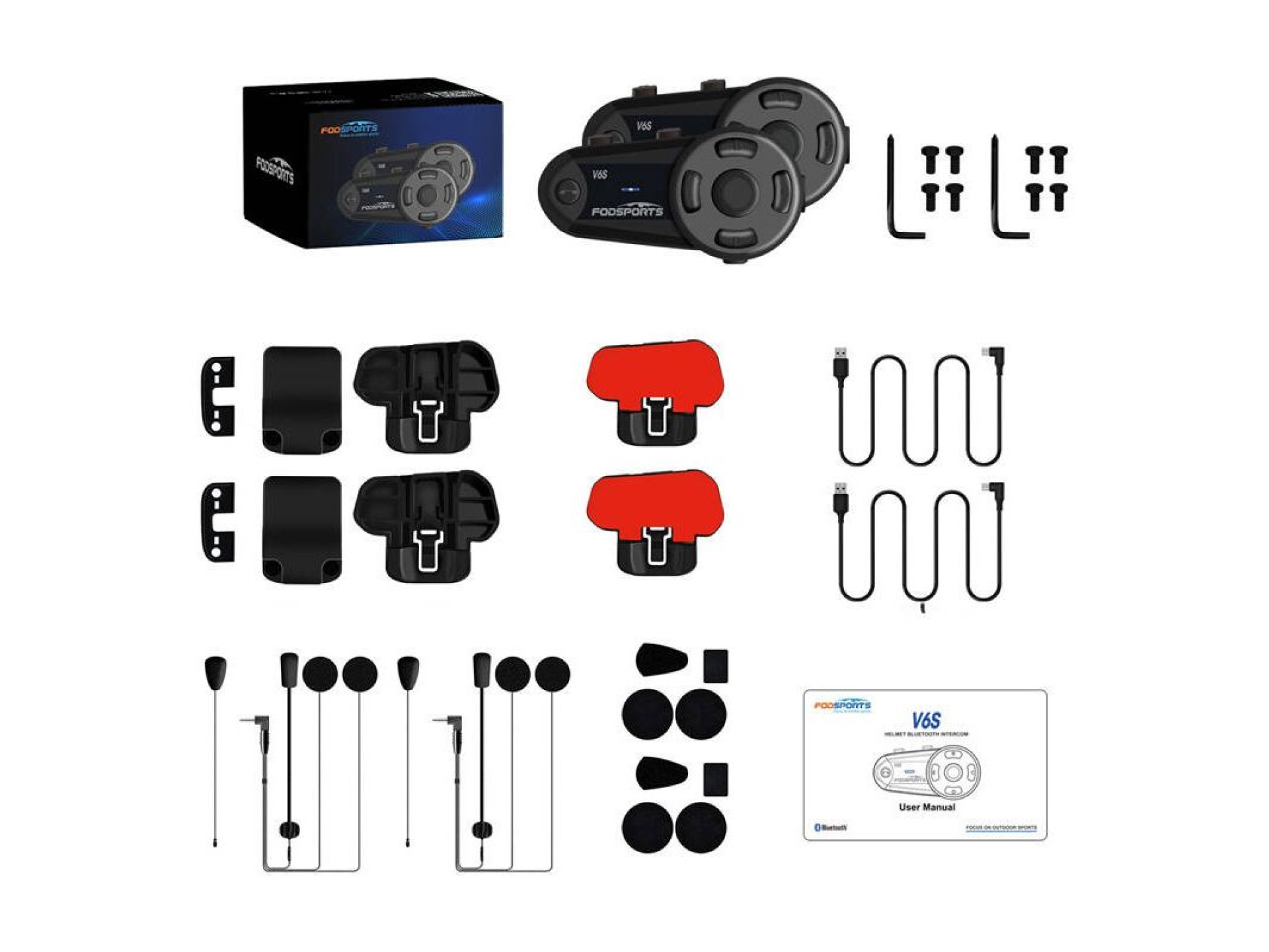 Intercomunicador para motocicleta Fodsports V6S (paquete de dos)