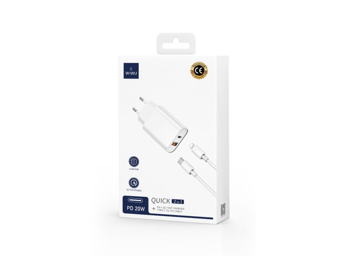 Carregador de parede WIWU Wi-U002 PD + QC 20W 1x USB 1x USB-C branco + cabo USB-C - Lightning
