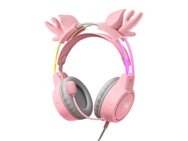 Fones de ouvido gamer ONIKUMA X15Pro rosa/chifres de veado