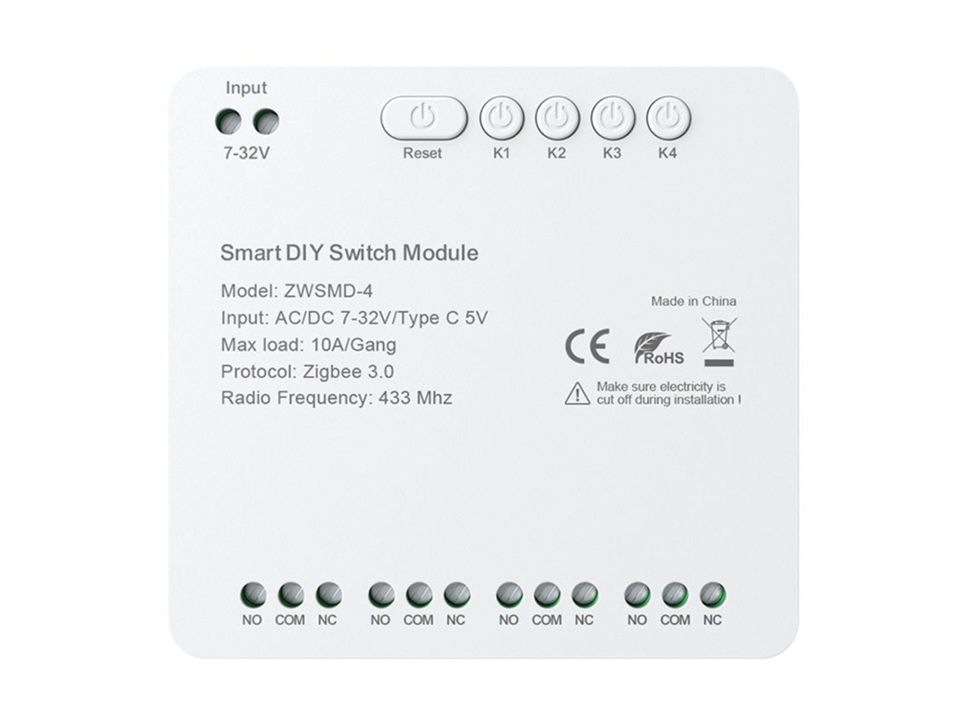Módulo de comutador ZigBee de 4 canais com contato CC de 32 V sem tensão Avatto ZWSMMD-4-32V