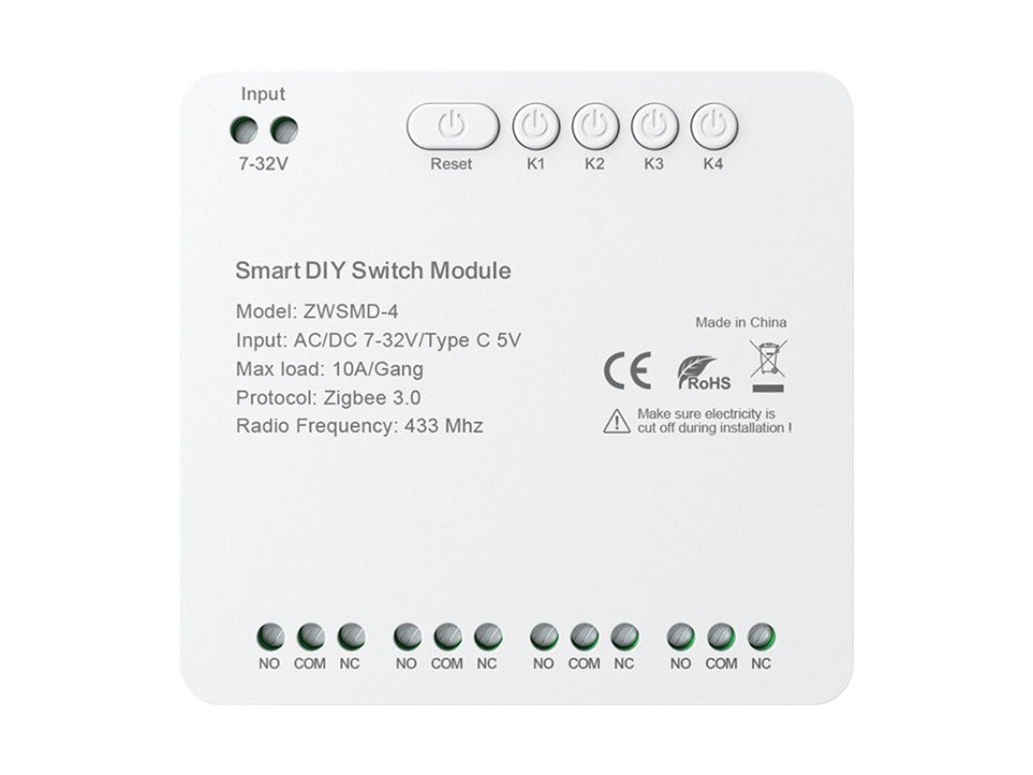 M�dulo de comutador ZigBee de 4 canais com contato CC de 32 V sem tens�o Avatto ZWSMMD-4-32V