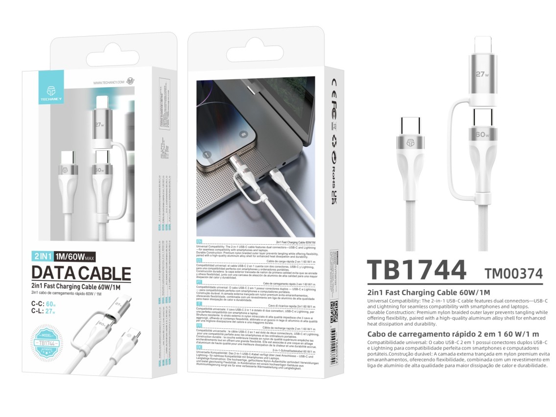 Techancy Cabo de carregamento rápido 2 em 1 TB1744 1m USB-C para USB-C 60W e USB-C para Lightning 27