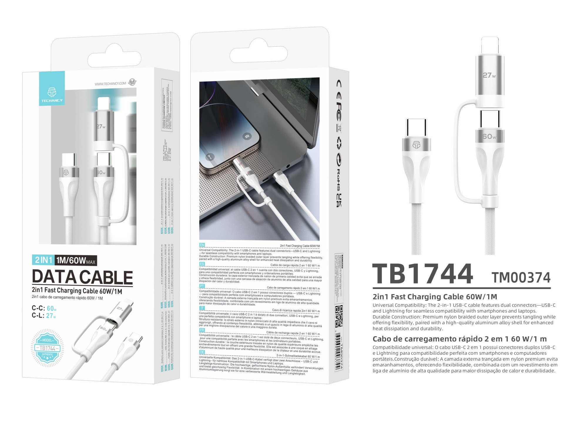 Techancy TB1744 2-in-1 Fast Charging Cable 1m USB-C to USB-C 60W and USB-C to Lightning 27W Durable