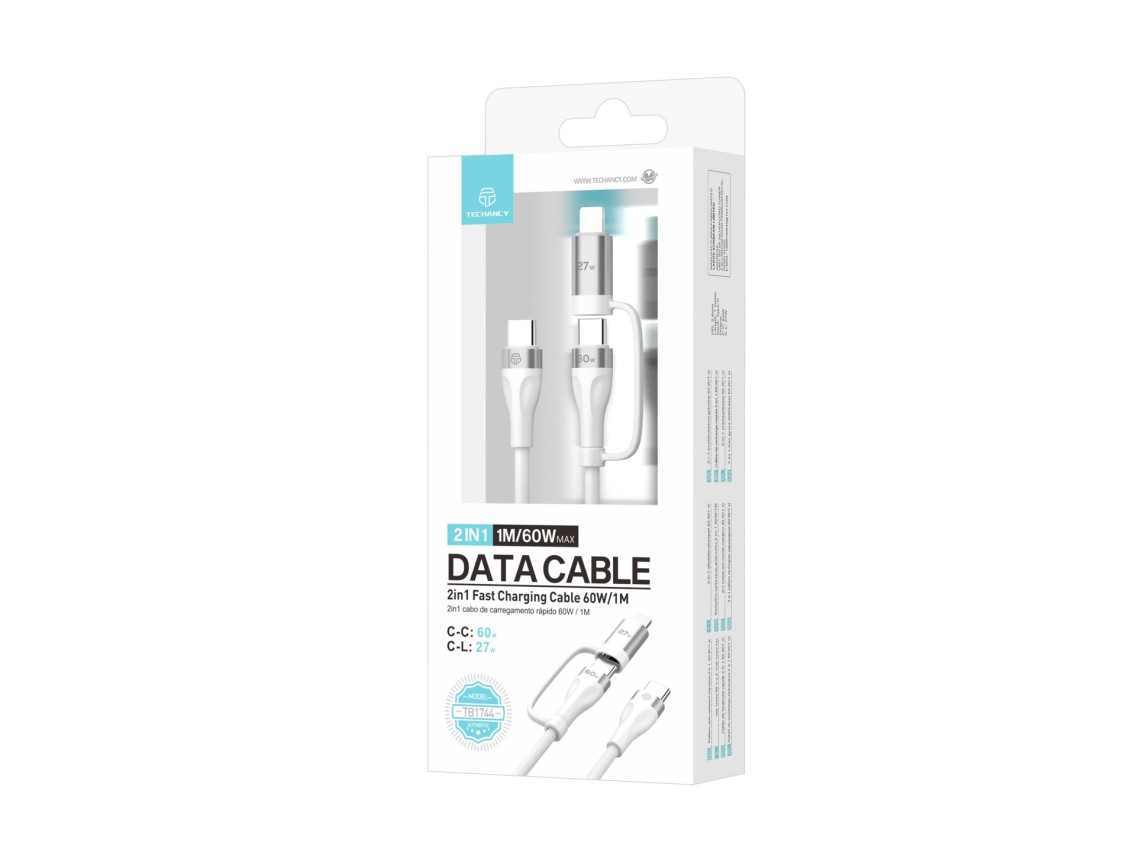 Techancy Cabo de carregamento rápido 2 em 1 TB1744 1m USB-C para USB-C 60W e USB-C para Lightning 27