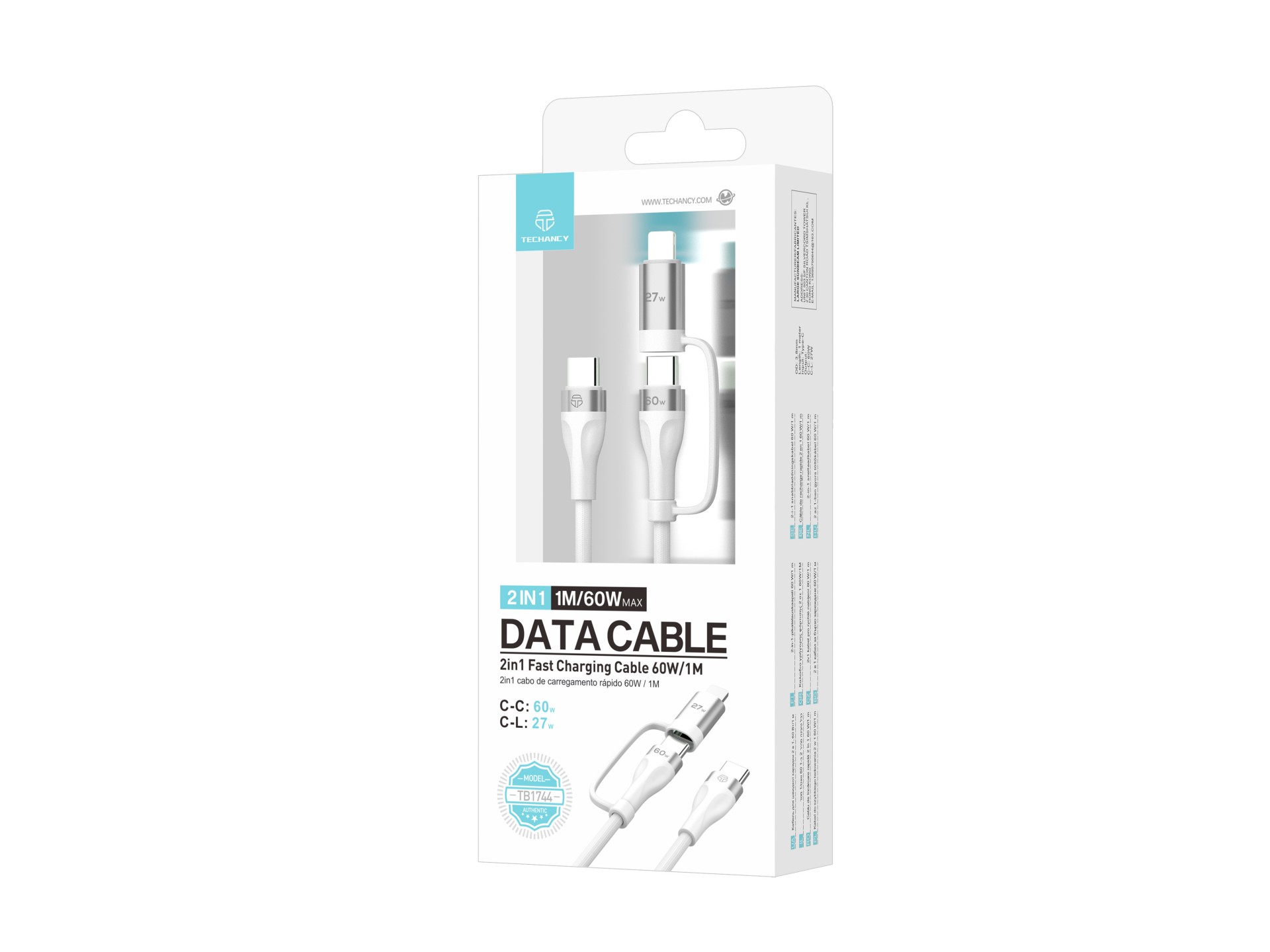Techancy TB1744 2-in-1 Fast Charging Cable 1m USB-C to USB-C 60W and USB-C to Lightning 27W Durable