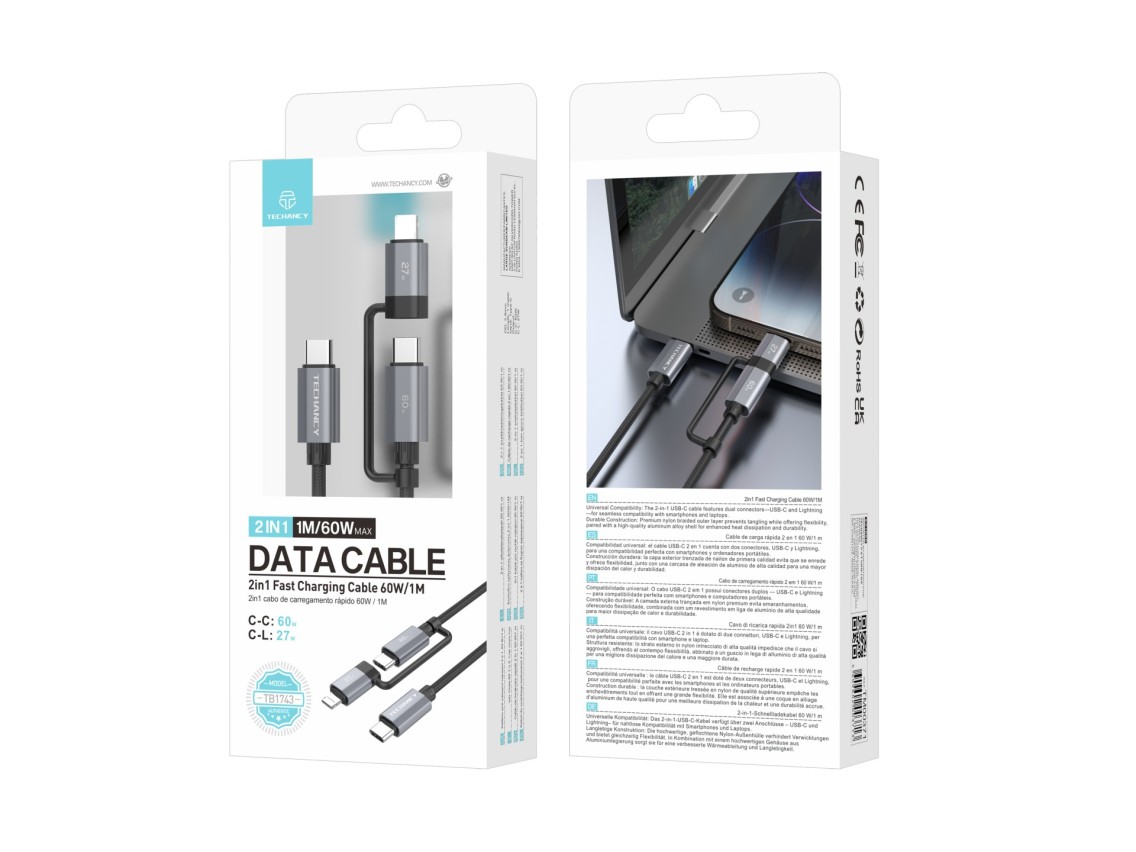 Cable de carga rápida Techancy TB1743 2 en 1 de 1 m, USB-C a USB-C de 60 W y USB-C a Lightning de 27