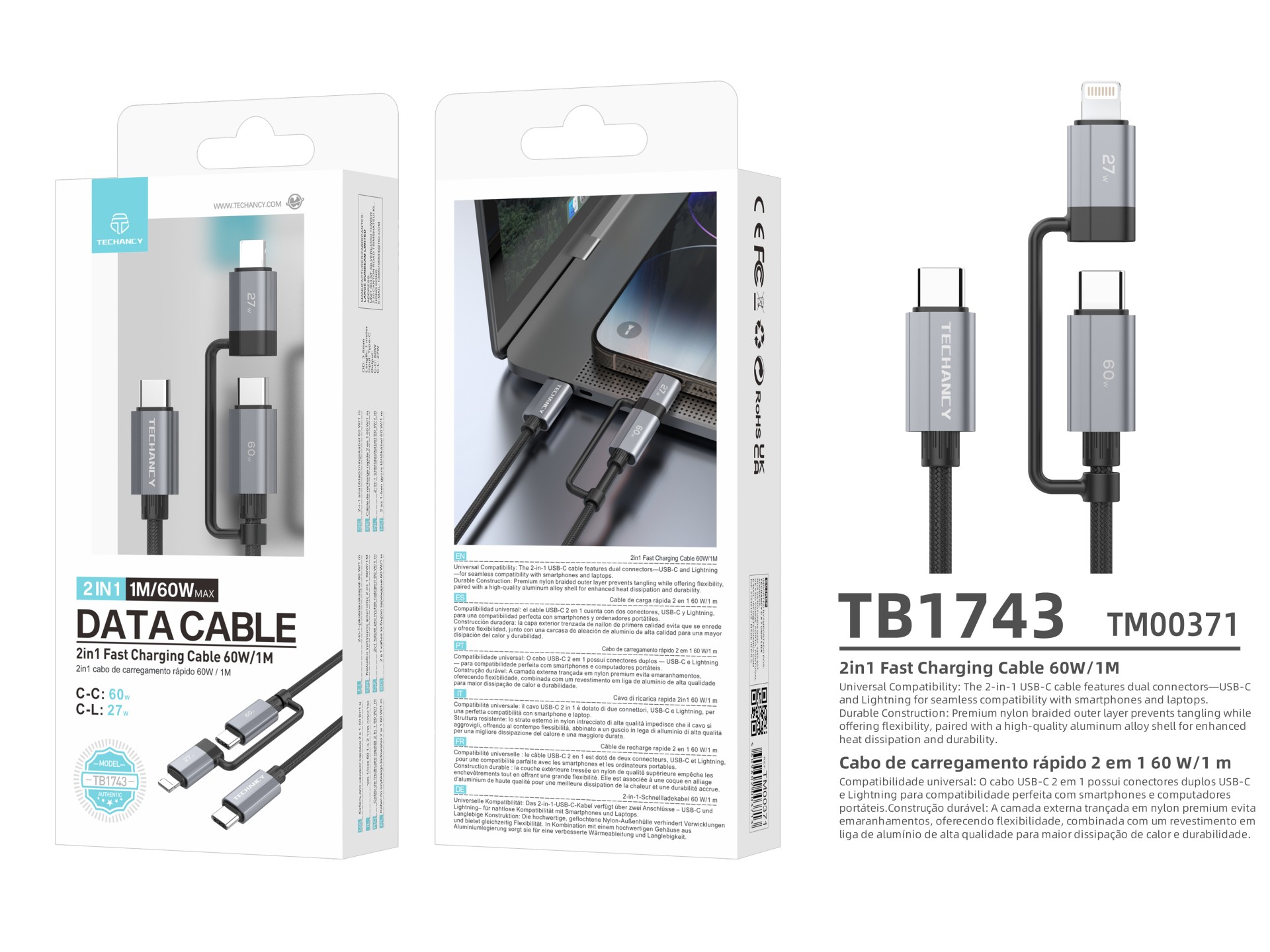 Cable de carga rápida Techancy TB1743 2 en 1 de 1 m, USB-C a USB-C de 60 W y USB-C a Lightning de 27
