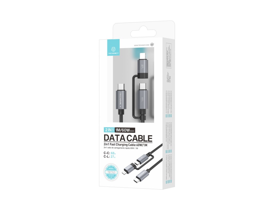 Cable de carga rápida Techancy TB1743 2 en 1 de 1 m, USB-C a USB-C de 60 W y USB-C a Lightning de 27