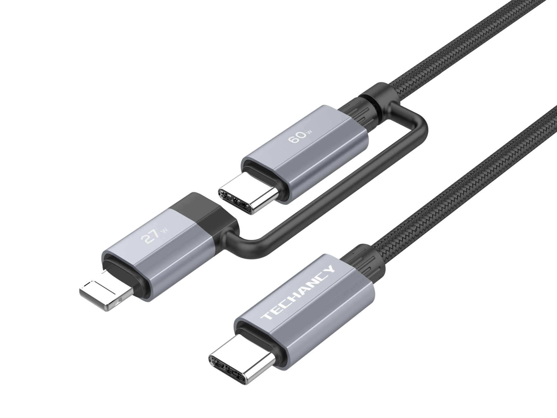 Cable de carga rápida Techancy TB1743 2 en 1 de 1 m, USB-C a USB-C de 60 W y USB-C a Lightning de 27