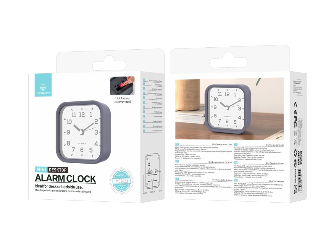 Techancy Mini ME2623 Silent Desk Alarm Clock, Large Numbers, HD Mirror, ABS Body, Portable for Bedro