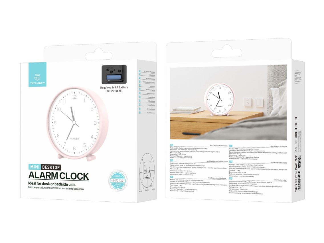 Techancy Mini ME2624 Silent Desk Alarm Clock, Large Numbers, Mirror, HD ABS Body, Portable for Bedro
