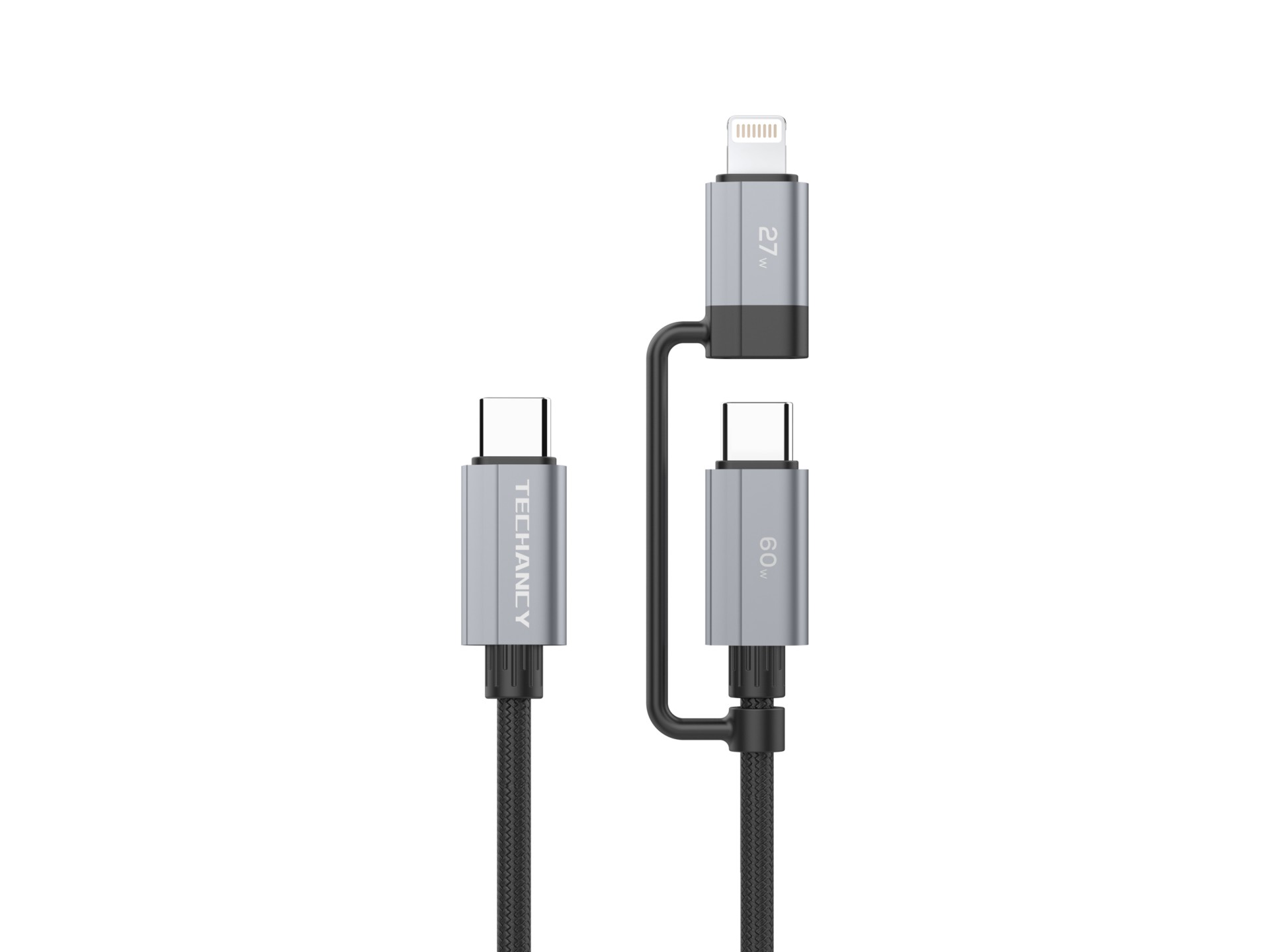 Cable de carga rápida Techancy TB1743 2 en 1 de 1 m, USB-C a USB-C de 60 W y USB-C a Lightning de 27