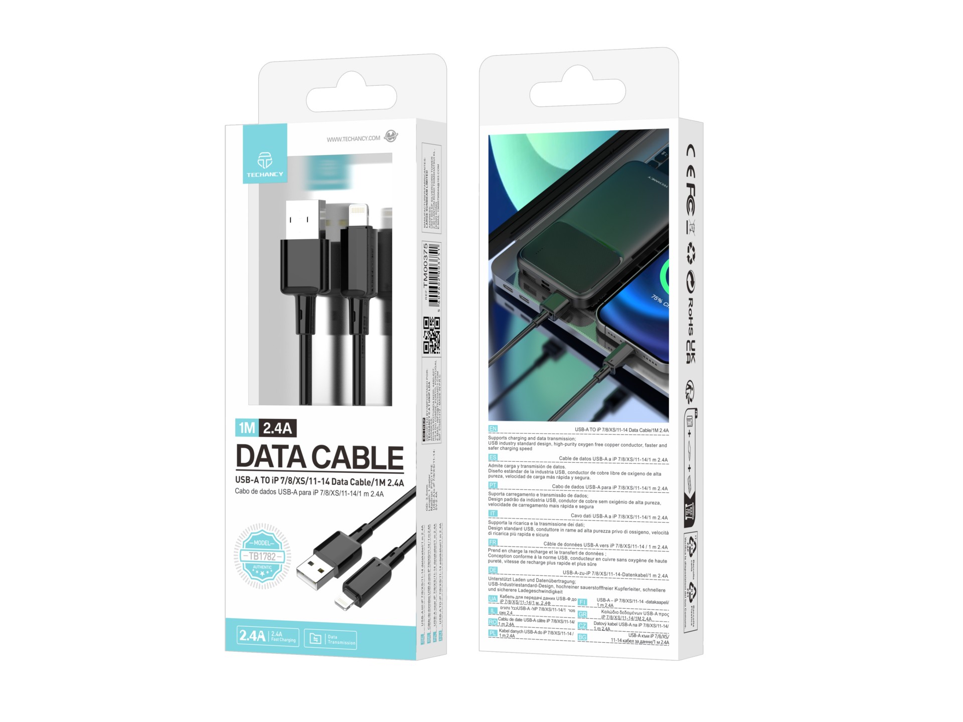 Cable USB A Techancy para iPhone TB1782 (1 m, 2,4 A, carga rápida y datos, iPhone 7, 8, XS, 11, 12,