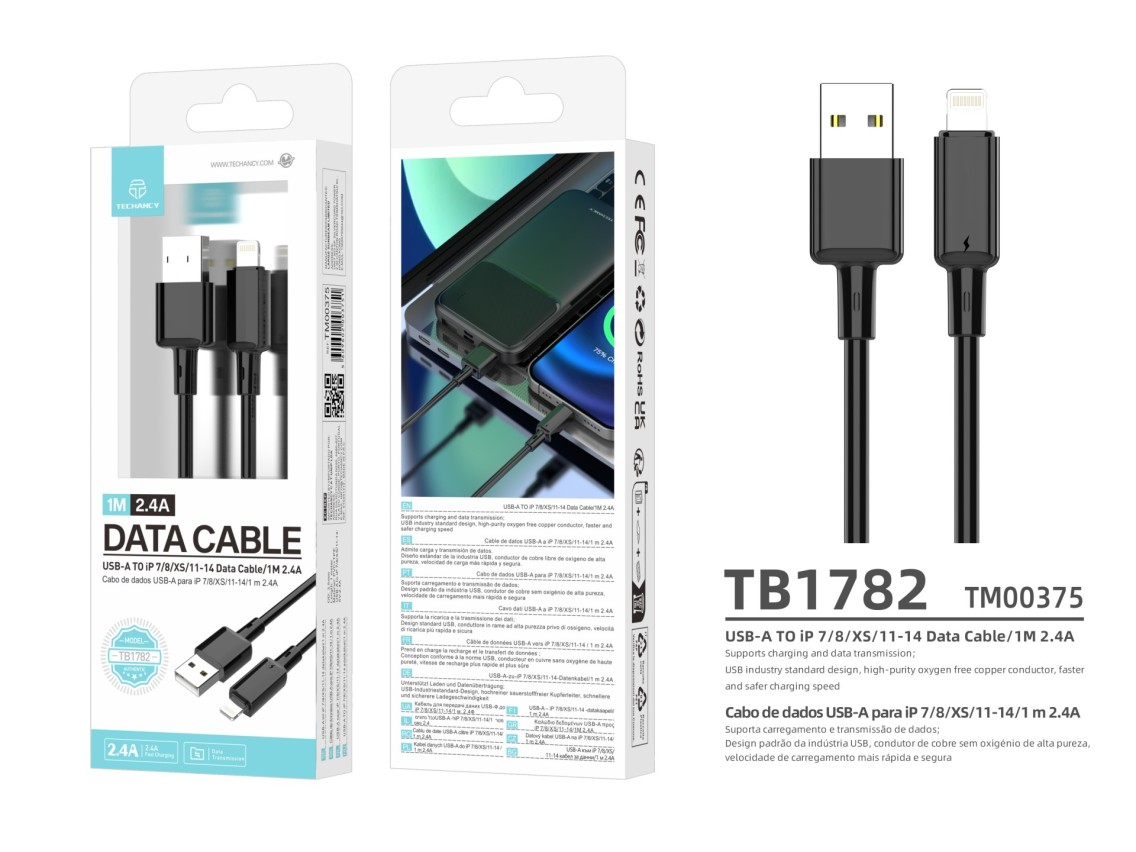 Techancy USB A Cable for iPhone TB1782 1m 2.4A Fast Charging and Data iPhone 7 8 XS 11 12 13 14 Blac