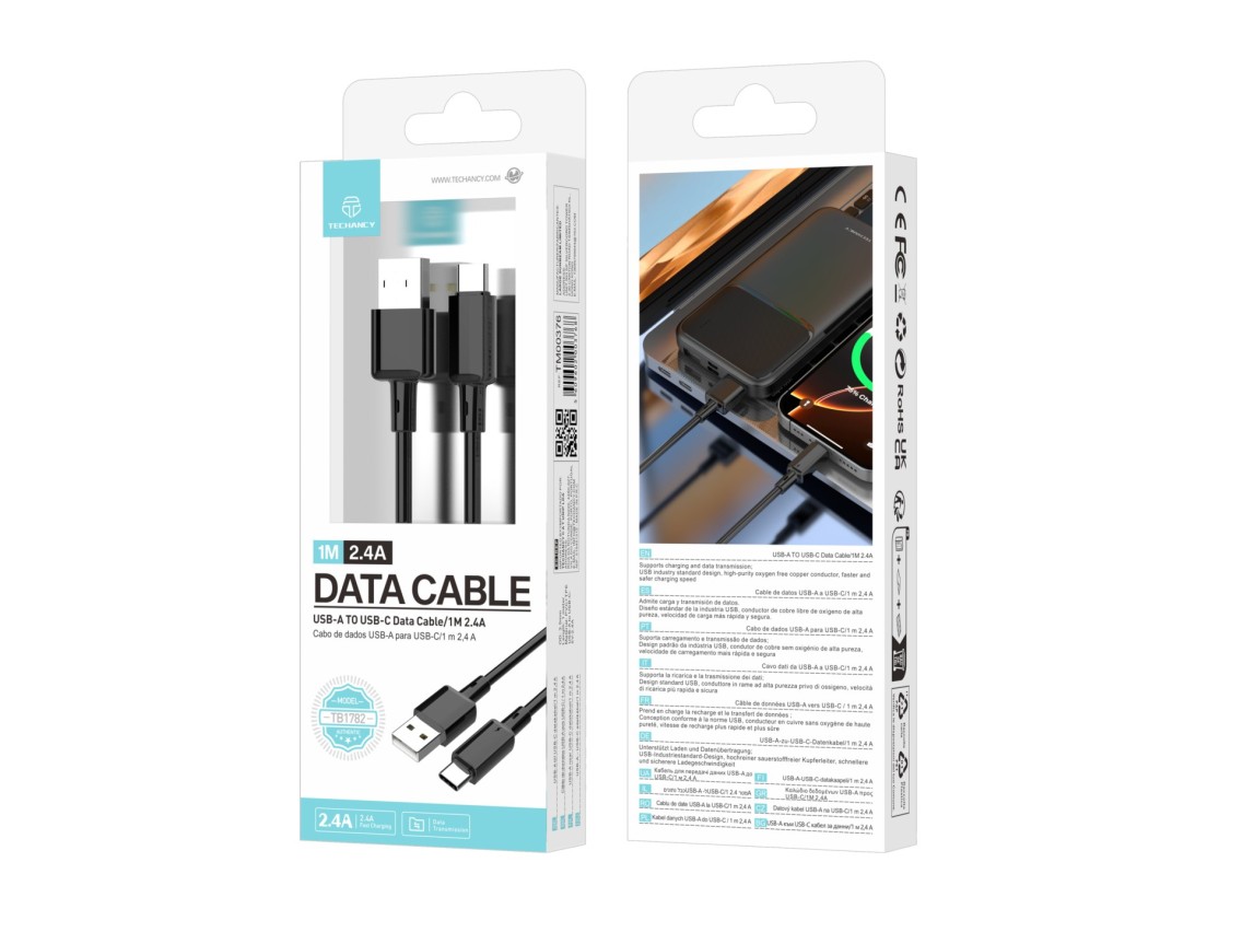 Techancy USB A to USB C Cable TB1782 1m 2.4A Fast Charging and Data for Android Phones and Tablets -