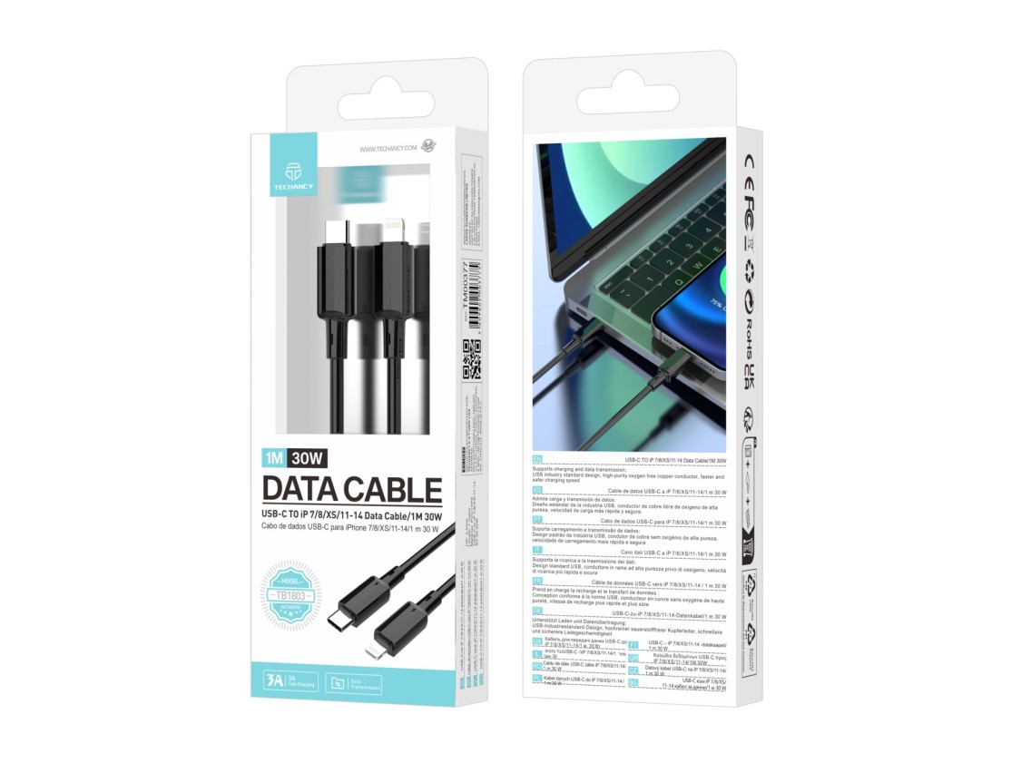 Techancy USB-C to Lightning Cable TB1803 1m 30W Fast Charging and Data Transfer for iPhone 7 8 XS 11