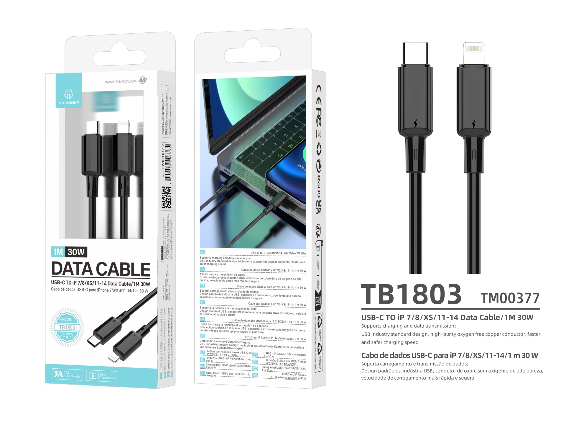 Cable USB-C a Lightning Techancy TB1803 de 1 m y 30 W, carga rápida y transferencia de datos para iP