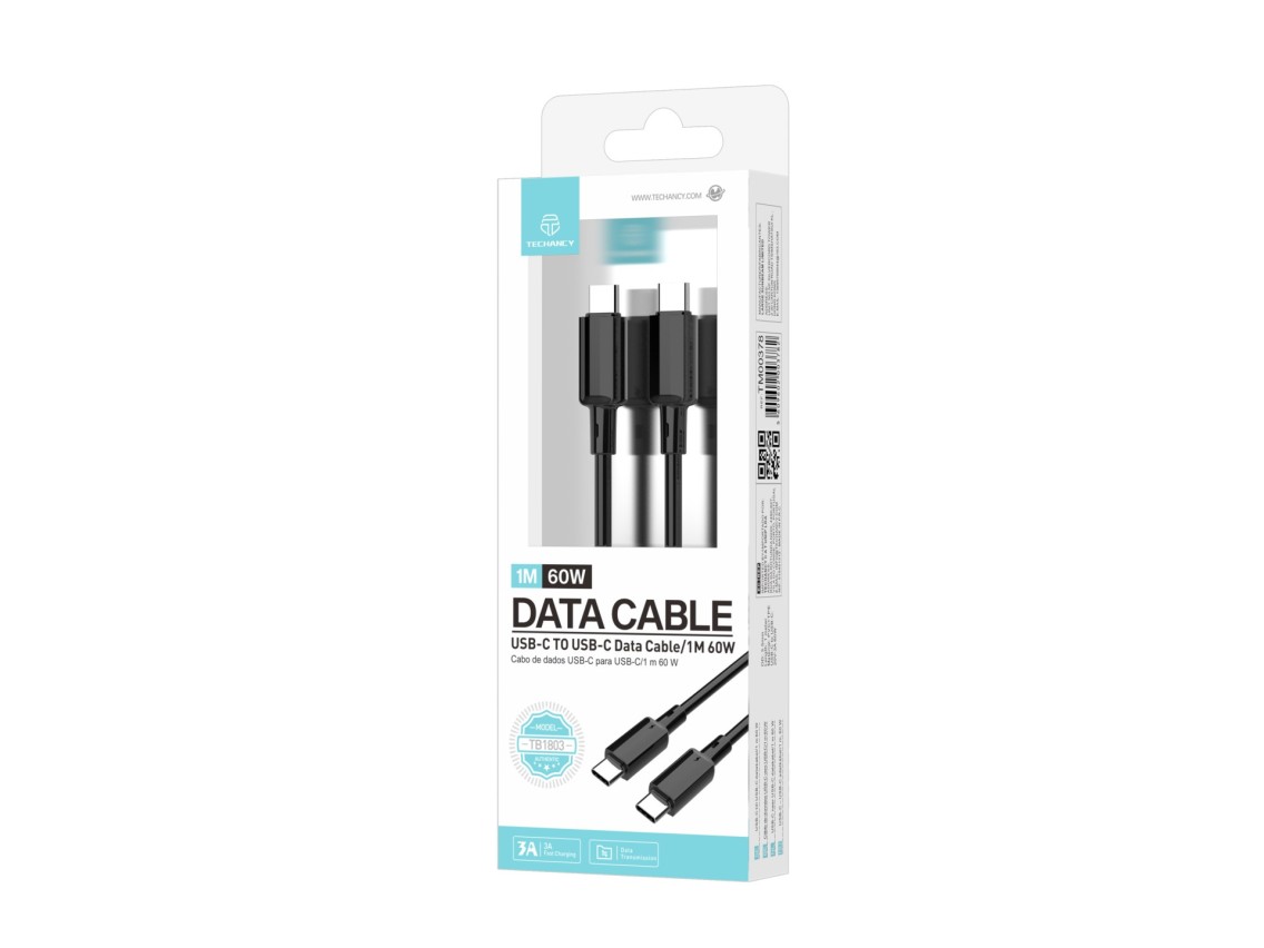 Techancy Cabo USB C para USB C TB1803 1m 60W Carregamento rapido e dados para Telemovel Tablet Porta