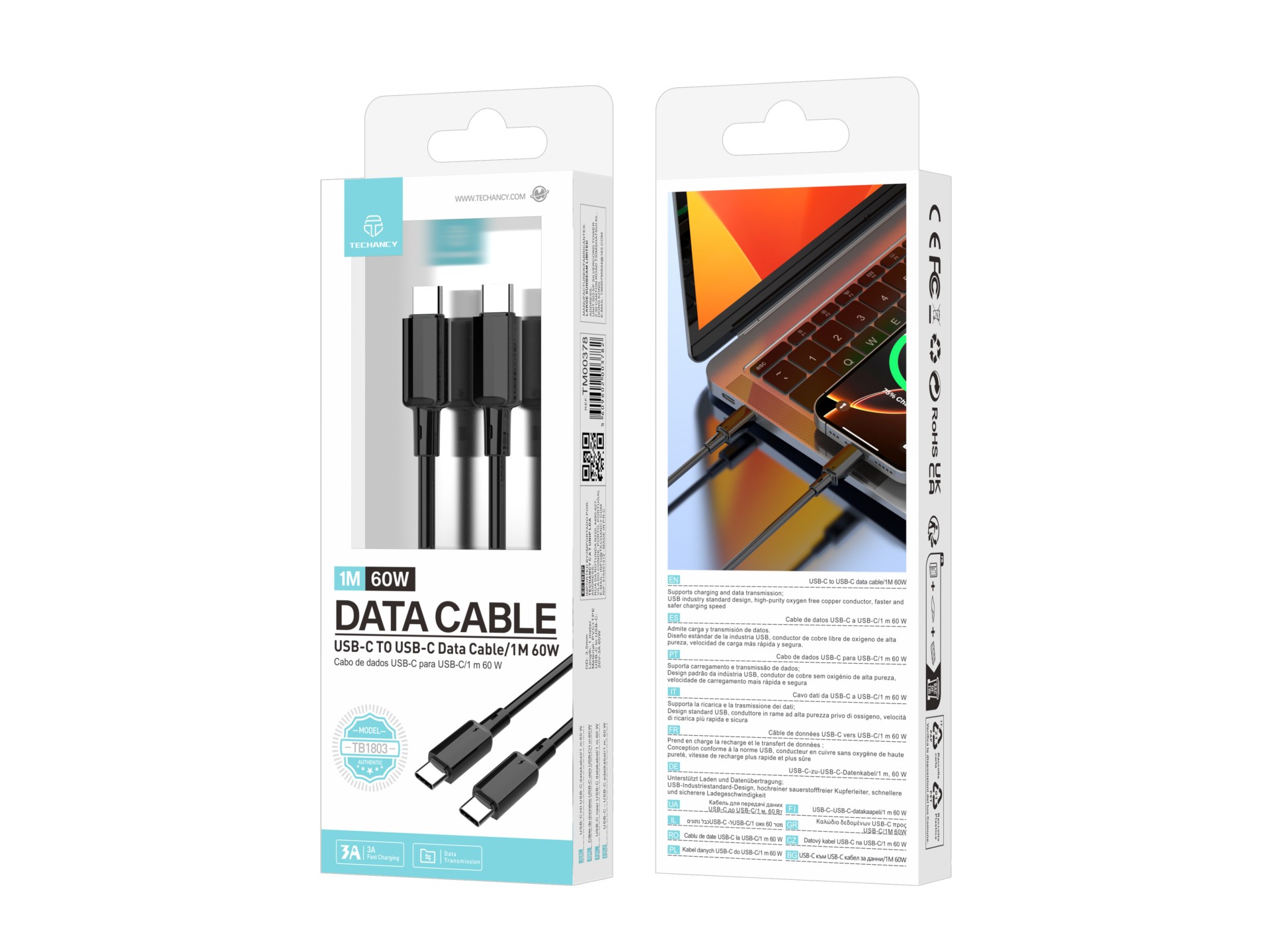 Techancy USB-C to USB-C Cable TB1803 1m 60W Fast Charging and Data for Mobile Phone, Tablet, Laptop,